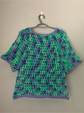 Handmade Open Knit Crochet Short Sleeve Festival Top XL
